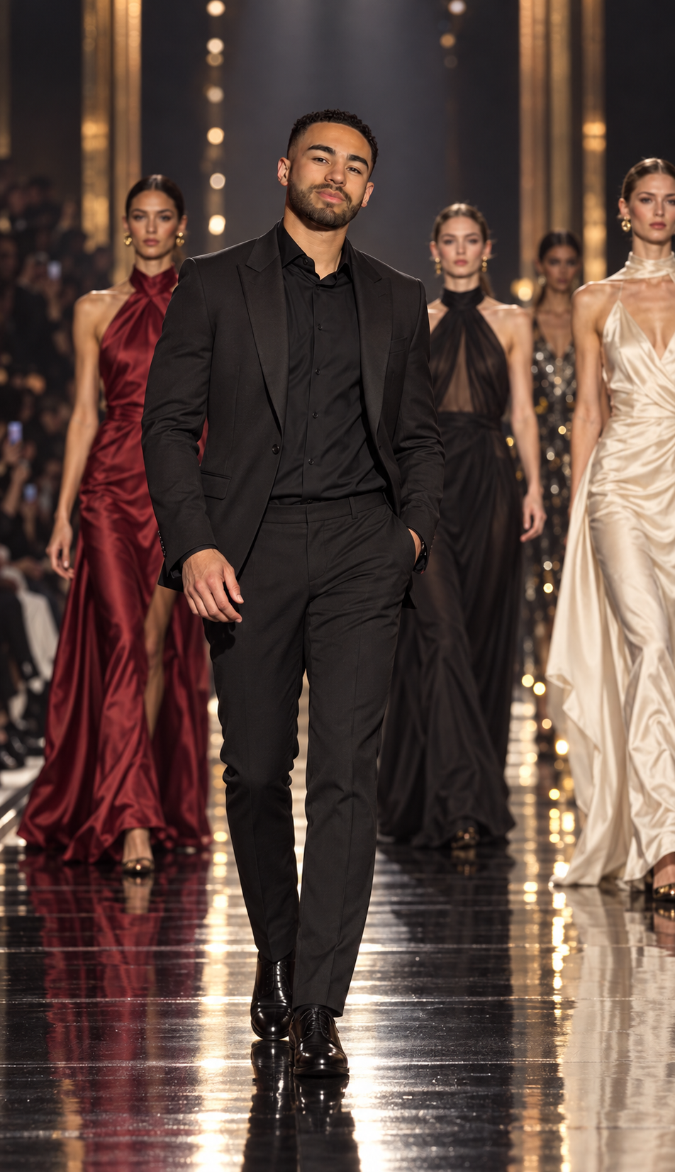 Reece Sterling walking a runway with fashion models