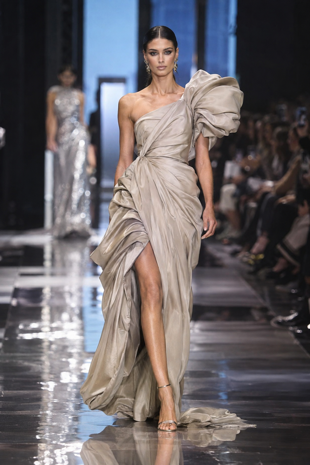 Model in a sculptural champagne gown walking a runway