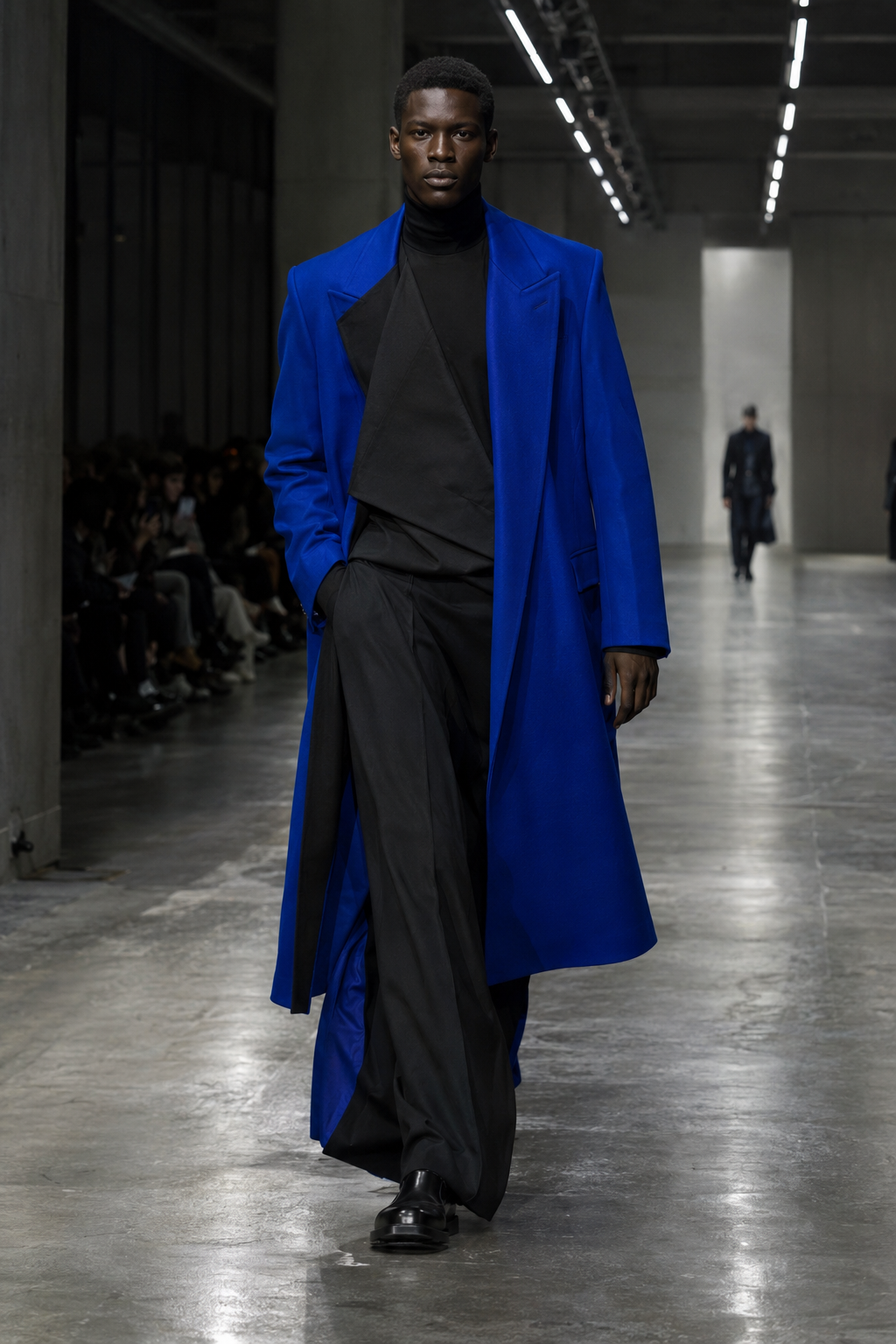 Model in a cobalt blue coat walking a runway